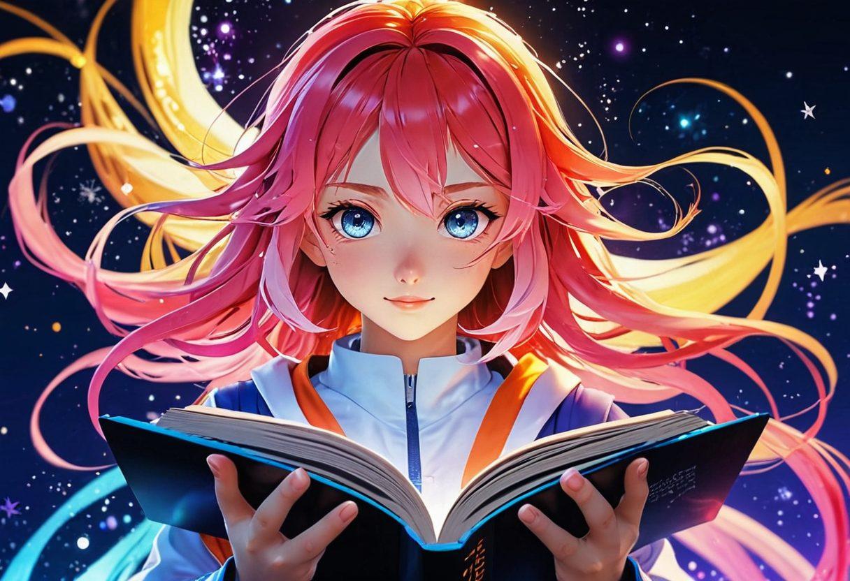 A dynamic scene depicting a vibrant anime character transitioning from a traditional open book to a bright digital screen, surrounded by twinkling pixels and ethereal light. The character exudes confidence and allure, representing the themes of transformation and empowerment in erotic storytelling. Incorporate elements of both classic manga art and sleek modern digital aesthetics. Bright colors palette and whimsical design. super-realistic. vibrant colors. 3D.